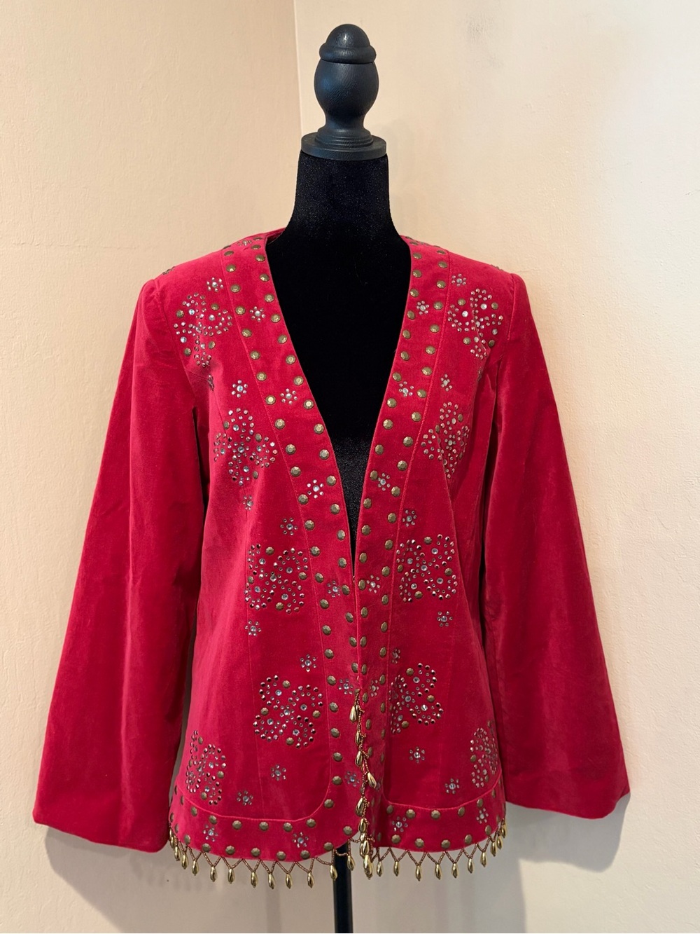 Stunning Berry Crushed Velvet Jacket w/ Bronze & Sparkly Beading, Tassel Fringe